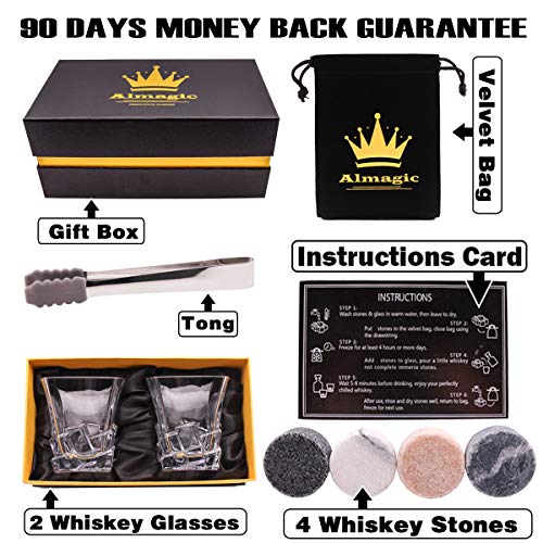 Almagic Whiskey Glass Set of 2 Iceberg Lead Free Crystal Old Fashioned Glass 10.5oz for Scotch or Bourbon Gift Boxed (Free 4 Big Round Chilling Whiskey Stones +Tong+ Velvet Bag) - Thumbnail 2