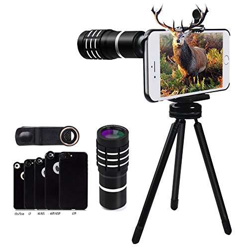 10X Telephoto Lens, Evershop Zoom Lens Phone Camera Lens Kit with Mini Tripod + Phone Cases for iPhone 5/5S/SE/6 6S/6 Plus 6S Plus 7/7 Plus (Black)