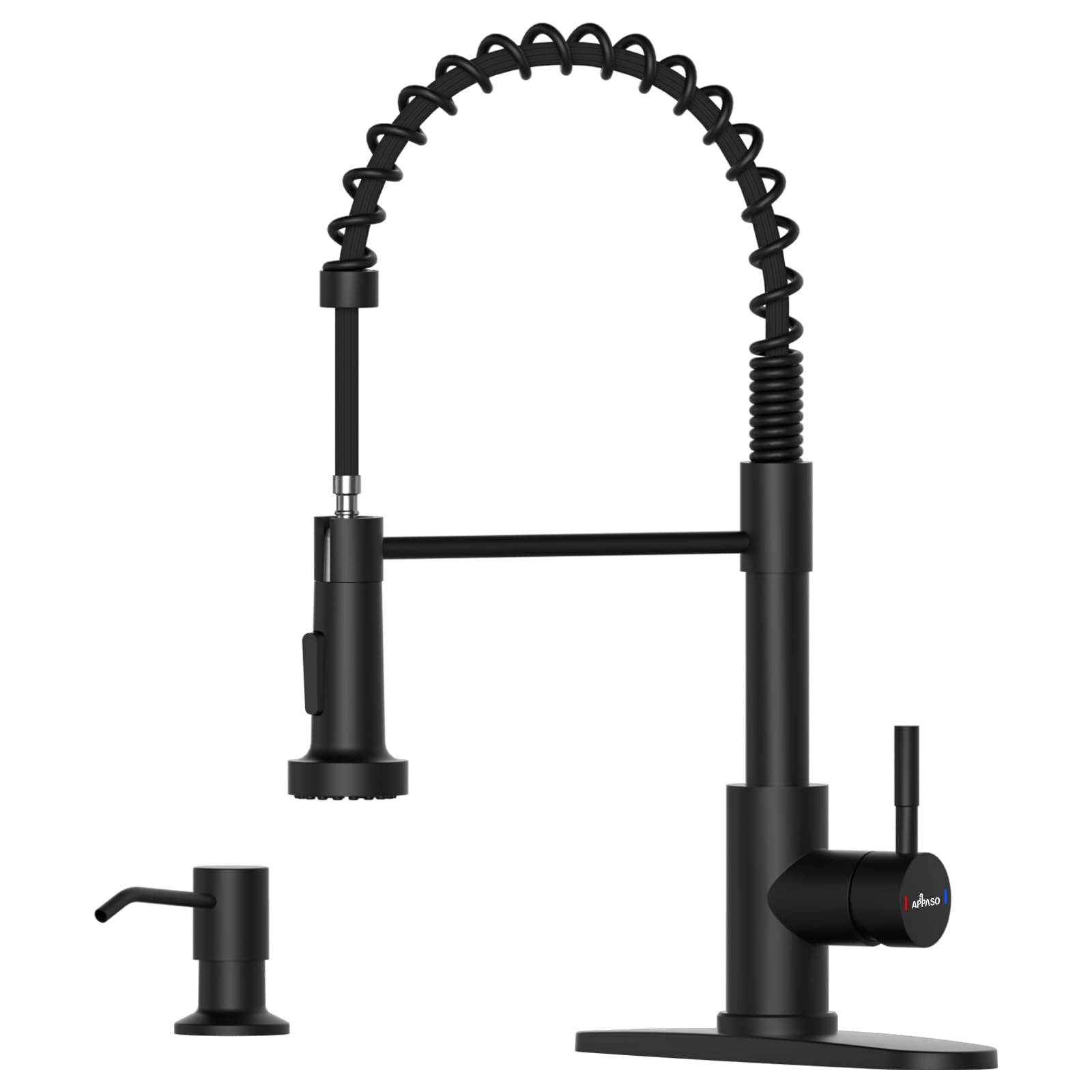 Photo 1 of APPASO Black Kitchen Faucet with Soap Dispenser and Pull Down Sprayer, SUS304 Stainless Steel Commercial Single-Handle Spring Faucet for Kitchen Sink, Matte Black