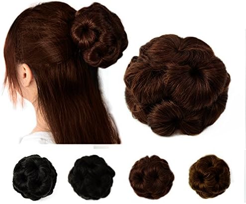 Qileyi Top Knot Short Curls Hair Flowers Scrunchie Tray Updos Chignon Hairpiece Human Hair Bun Toupee (brown(Looks a little red under the sunshine)
