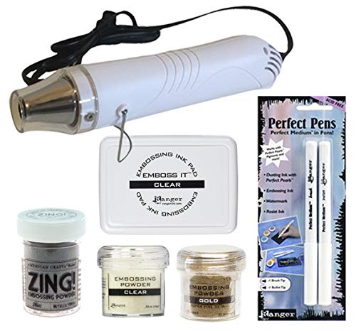 Embossing Starter Kit Bundle – Craft Heat Tool Machine, Emboss Pens and Pad, Embossing Powders (Metallic Gold, Silver, Clear)