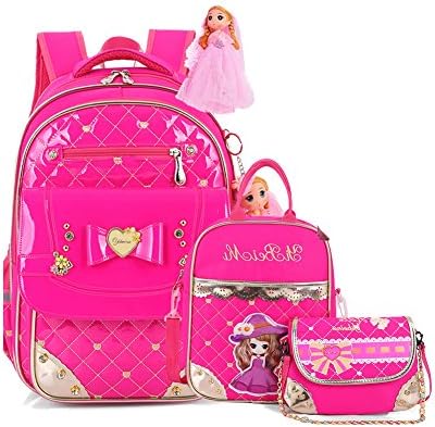 Girls Princess Backpack Waterproof PU School Bag Shoulder Bag 3pcs Set for Elementary School Girls Students (set-Rose red)