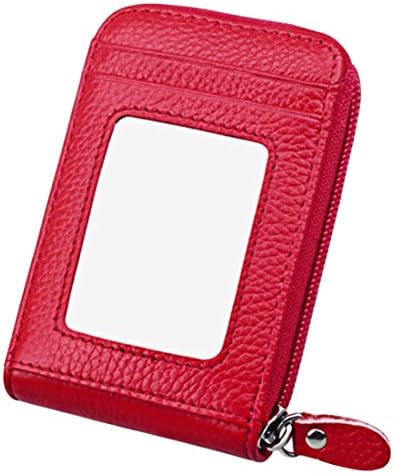 JZLGBH RFID Blocking Genuine Leather Card Wallet - Cards Holder Case Organizers Coin Purse With ID Window (Red)