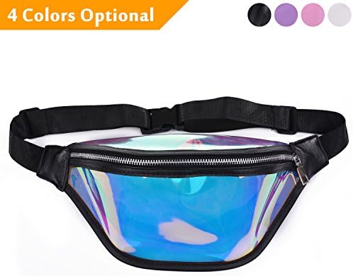 Japeeo Holographic Clear Fanny Pack for Women - Iridescent Glitter Bum Bag - Neon Rainbow Hip Phanny Packs for Rave, Festival