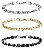 JOERICA 3PCS 6MM Wide Stainless Steel Twist Rope Chain Bracelet for Men Women Link Bracelet 22CM