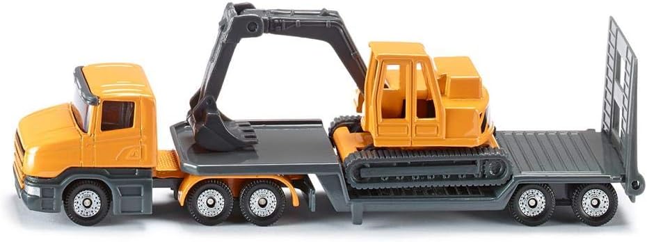 siku 1611, Low Loader with Excavator, Metal,Plastic, Yellow,Grey, Opening tailgate, Detachable trailer, As Indicated