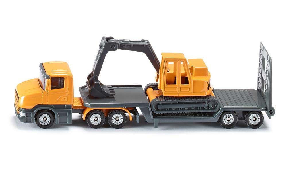 siku 1611, Low Loader with Excavator, Metal,Plastic, Yellow,Grey, Opening tailgate, Detachable trailer