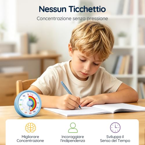 SIMQELLI Visual Timer for Kids, 60 Minutes Countdown Silent Timer with Rainbow, Time Management for Kitchen, Classroom, Study and School (Blue) | Timer Visivo Ideale per Bambini, Perfetto per Scuola, Studio, Cucina e Attività Familiari, Silenzioso Timer con Arcobaleno