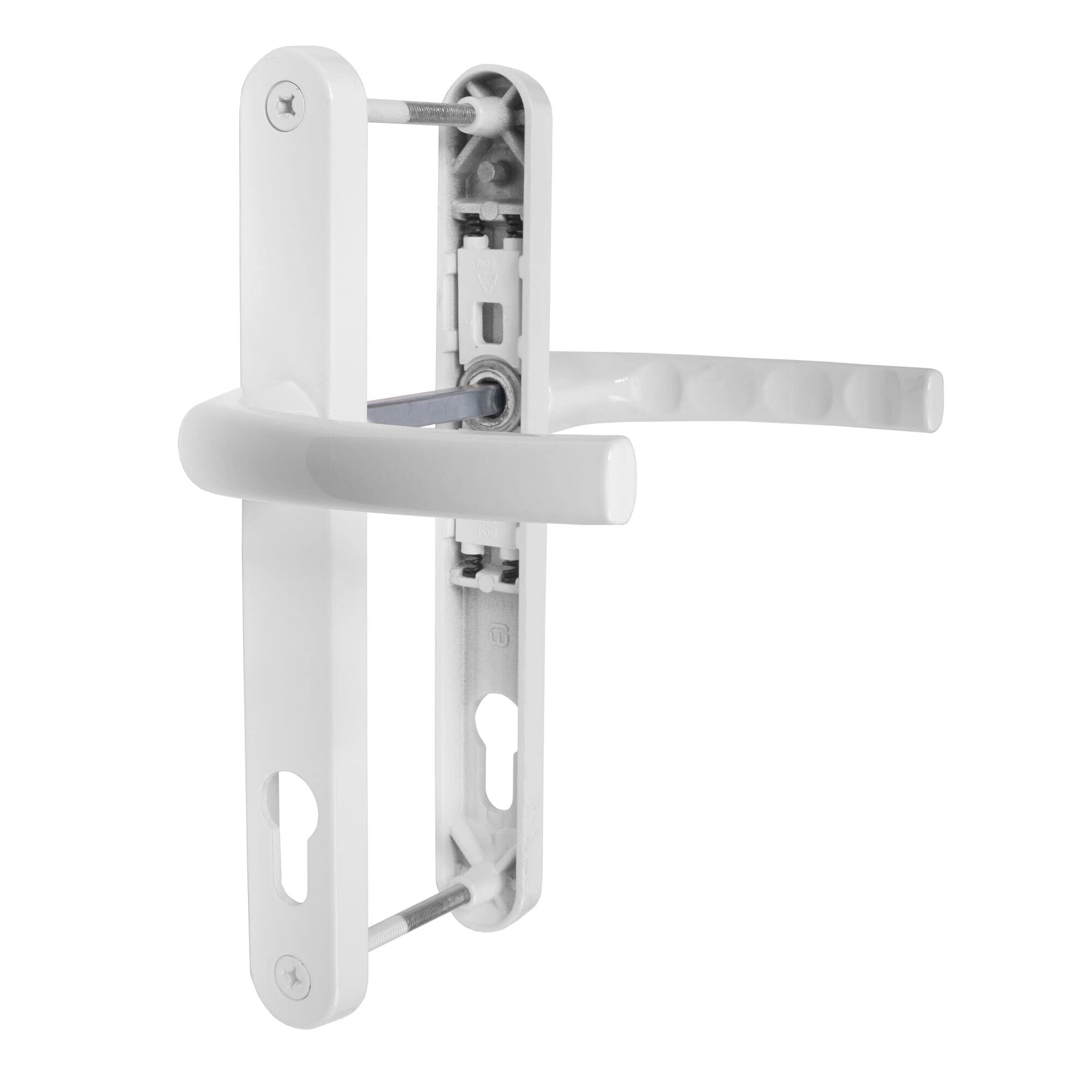 JCP uPVC Door Handle Pair, 211mm Screw Centres, 92 mm PZ Sprung Set, 240mm x 30mm Backplate, White