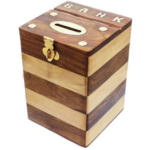 Thanksgiving Black Friday Gifts Dual Tone Square Wooden Piggy Bank Money Box Handmade with Lid and Brass Inlay