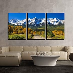 3 Piece Canvas Wall Art - Countryside Road, Fall Season in Colorado - Modern Home Art Stretched and Framed Ready to Hang - 16"x24"x3 Panels