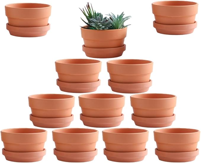 Yishang 3.5 Inch Shallow Terra Cotta pots with Saucer/Tray,Ceramic Clay Planter with