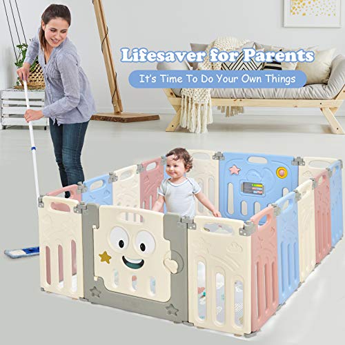 Costzon Foldable Baby Playpen, 16Panel Baby Play Yards with Lock Door & AntiSlip Rubber Bases