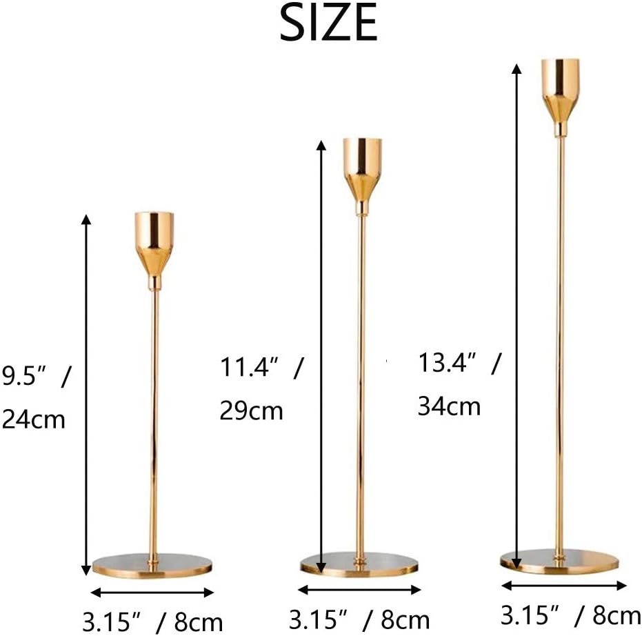 Nuptio Taper Candle Holders for Table for Tapered Candles, Skinny Candlesticks Long Candlesticks Candle Holders Set of 3 for Wedding, Dinning, Party (Golden Brass, 3 Pcs): Kitchen & Dining