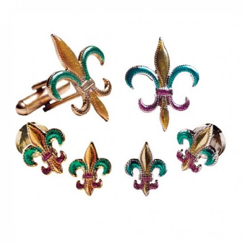 Mardi Gras Colored Fleur de lis Silver Tuxedo Studs and Cufflinks