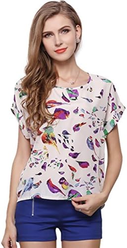 YOUNG LIGHT@ Womens Cute Geometric Print Loose Chiffon Blouses Top Shirt Cool T-shirt (XX-Large,Birds White)