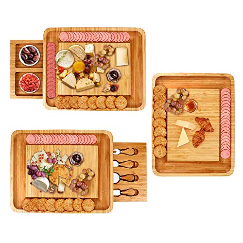 Bamboo Cheese Board and Knife Set, Cheese Servers with Hidden Drawer, Charcuterie Platter and Cheese Serving Tray for Wine, Crackers, Brie and Meat. Perfect for Christmas, Wedding &Housewarming Gifts