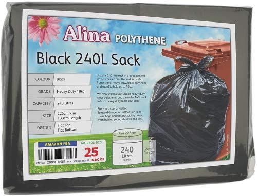 ROLL of 25 x Alina 240L Polythene Black Heavy-Duty Wheeled Bin Liner/Wheelie Refuse Bag/ENSA Compactor Sack/Heavyweight 240 Litre Black Plastic Garbage Bag (25 sacks) - Image 5