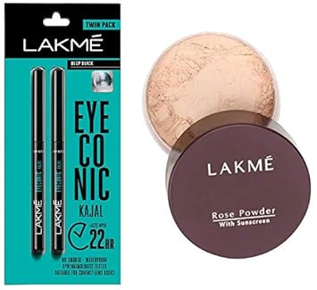 Lakme Eyeconic Kajal Twin Pack, Black, 0.35g with 0.35g & Lakme Rose Face Powder, Soft Pink, 40g