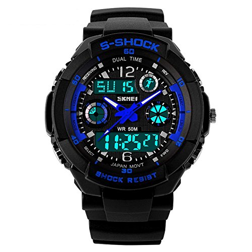 Tonshen Mens Sport Watch LED Electronic Digital 164FT 50M Water Resistant Multifunction Dual Time Stopwatch Calendar Month Date Day Waterproof 12H/24H Time Military Watches, Blue