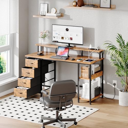 MUTUN 47" Reversible Computer Desk with Charging Station, Office Desk with Drawers and Shelves, Bureau de Travail, Home Office Desks, Study Table with Monitor Stand (Rustic Brown, 47 Inch)