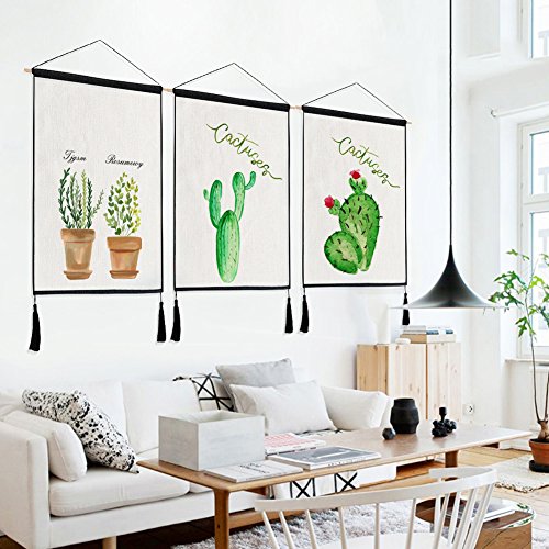 Adarl Hanging Painting Wall Art Wooden Scroll Painting Rolling Art Print on Canvas Framed with Tassel Ready to Hang for Home Office Decor(Green Plants)