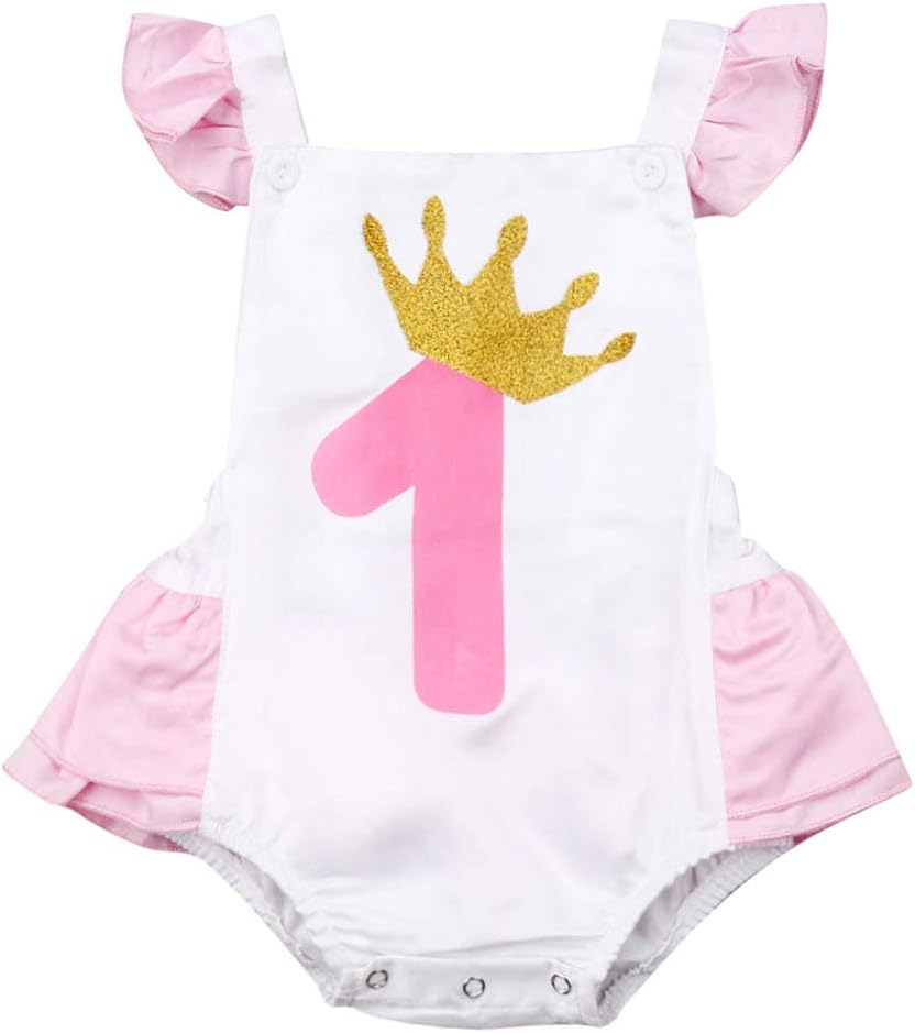Newborn Baby Girl First Birthday Outfit Ruffle One Print Backless Jumpsuit Bodysuit