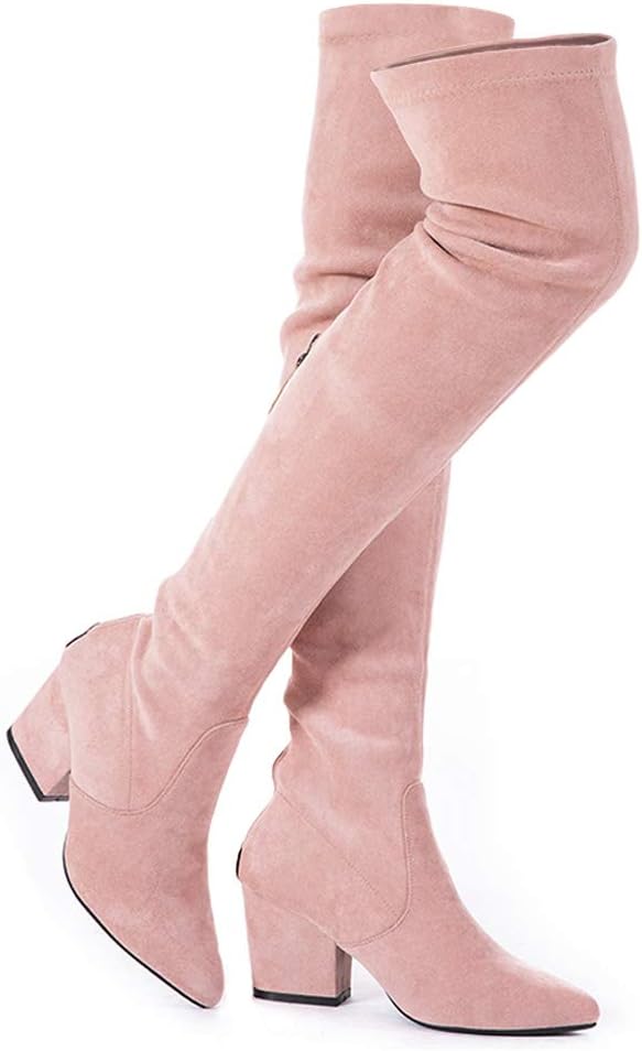 YANWENFANG Women's Over The Knee Boots Thigh High Stretch Boots Zipper Pointy Toe Chunky Heel Knee High Boots