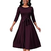 Women's Caual Midi Dress 3/4 Sleeve Crewneck A-line Swing Dress for Women with Belt for Wedding Guest & Cocktail Party