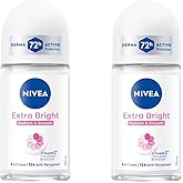 NIVEA Extra Bright 8 Super Food Vitamin C Collagen Booster Underarm Roll-On Deodorant, Alcohol-Free, 72HR Odor Protection, Smooth &amp; Bright Skin, 50ml, 1.69oz, Pack of 2