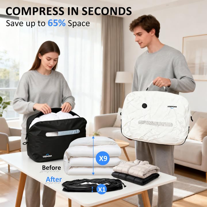 UOEPOWA Vacuum Bags for Travel with Wireless Pump, 180° Open Zipper, IPX8 Waterproof Durable, See-Through Window, 33L Recycled Space Saver Compression Bags for Backpack, Suitcase, Home Storage, 1-Pack