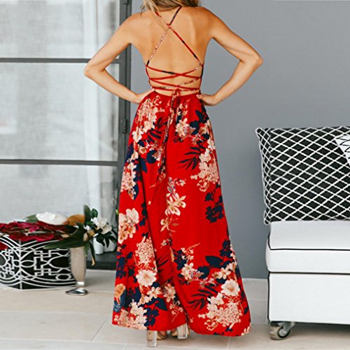 Nikuya Women Floral Print Cross Strap High Waist Split Casual Sleeveless Sling Dress (Red, S) - Thumbnail 2