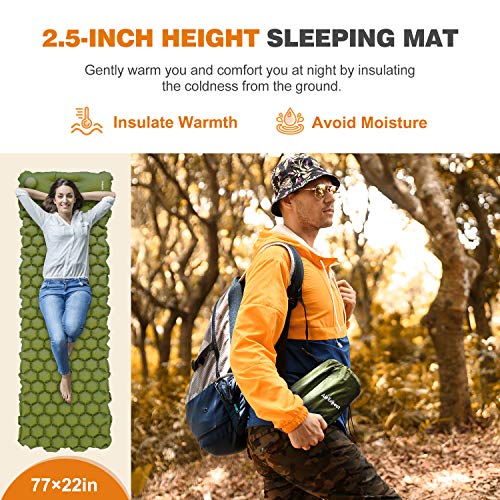 AirExpect Camping Sleeping Pad with Built-in Pump Upgraded Inflatable Camping Mat with Pillow for Backpacking, Traveling, Hiking, Durable Waterproof Compact Ultralight Hiking Pad (Green)