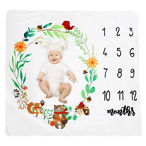 Milstone Blanket, Idealhouse 100% Cotton 1-12 Mouths Baby Boy Girl Toddlers Monthly Milstone Blankets, Cute Animals Printed Photography Background Props Blankets for Newborn Infants, 40" x 40"