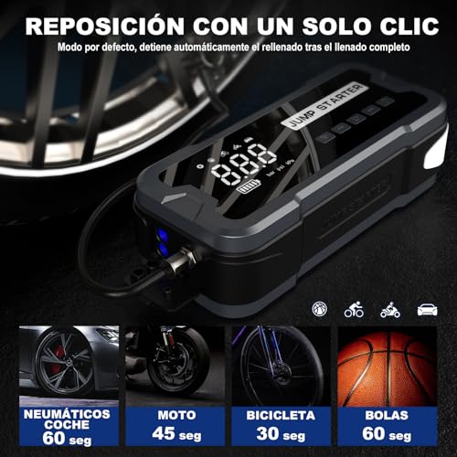 Arrancador de Coches con Compresor de Aire, 4000A 150PSI Arrancador Portátil de Batería de Coche, Arrancador de Emergencia con Cable de Puente de Seguridad Inteligente Visualización LCD Linterna