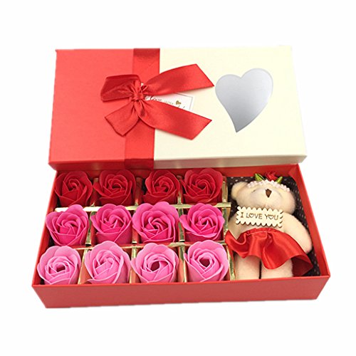 Kinteshun Bath Soap Rose Flower,Flora Scented Rose Petal Bouquet Gift Box I Love You Little Bear Doll(12pcs Rose,Gradually Varied Red) - Thumbnail 6