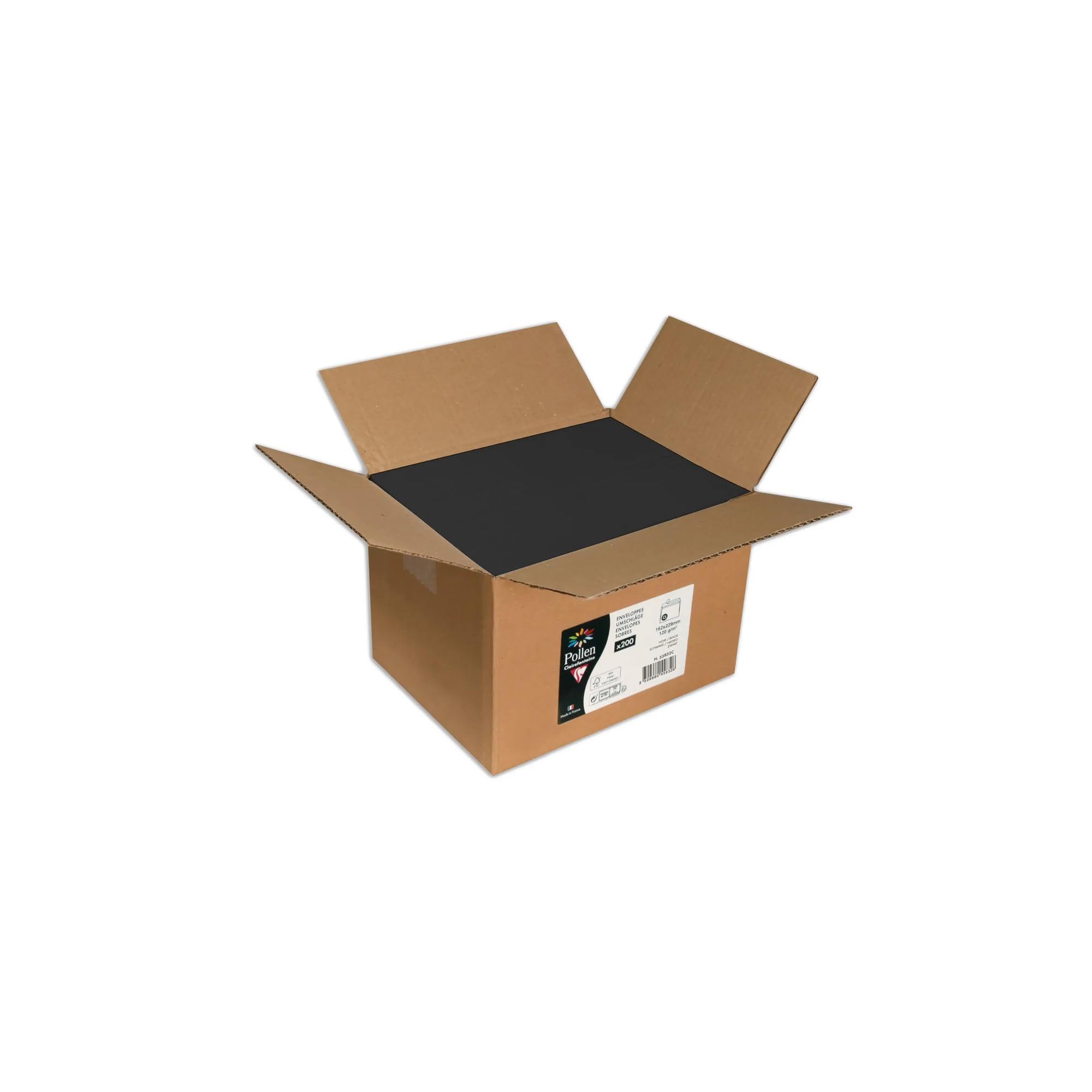 Clairefontaine 55832C Box of 200 Gummed Envelopes Format C5 16,2x22,9cm 120g/m² Colour Black Invitation Event Correspondence Range Pollen Premium Smooth Paper