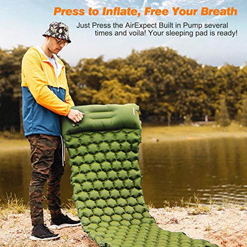 AirExpect Camping Sleeping Pad with Built-in Pump Upgraded Inflatable Camping Mat with Pillow for Backpacking, Traveling, Hiking, Durable Waterproof Compact Ultralight Hiking Pad (Green) - Thumbnail 2