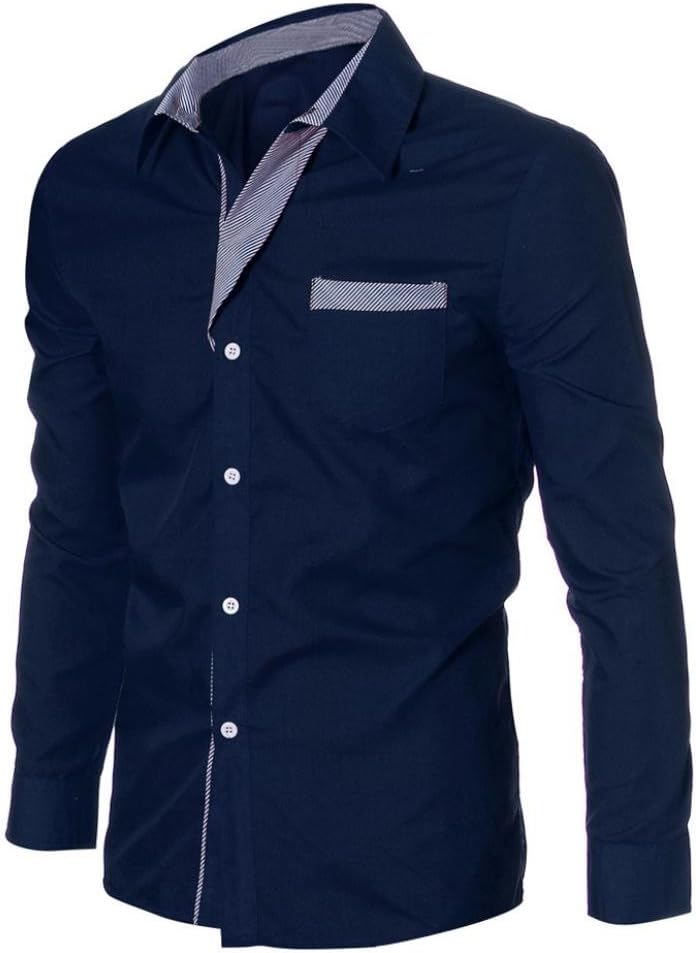 iQKA Men Dress Shirt Long Sleeve Pocket Casual Slim Fit Point Collar Contrast Blouse