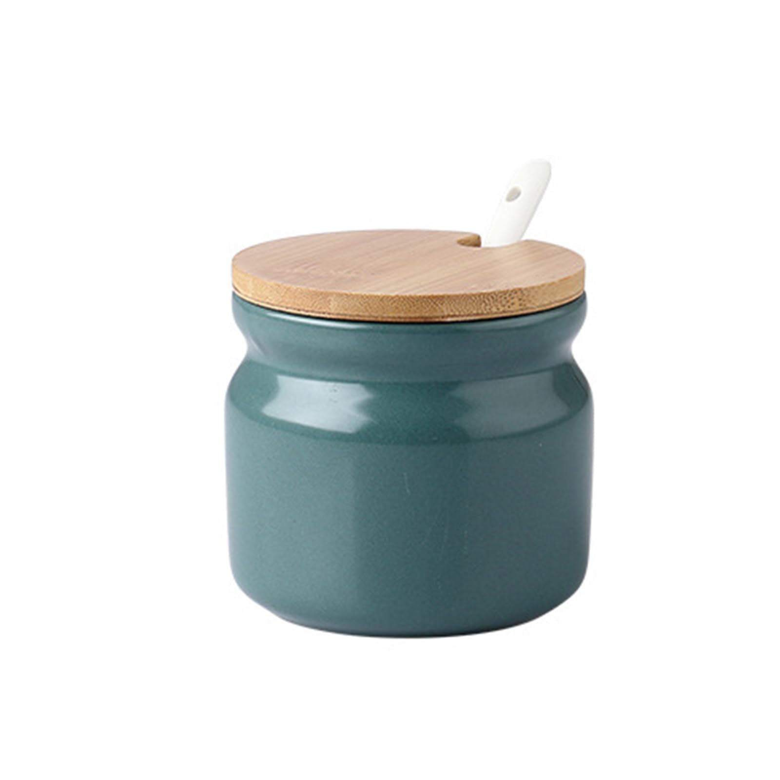 Jarsense Ceramic Sugar Bowl, 300ml Sugar Pot with Wooden Lid and Spoon, Spice Jar for Salt, Sugar, Coffee, Tea, Seasoning Box for Home Kitchen Coffee Bar - Dark Green
