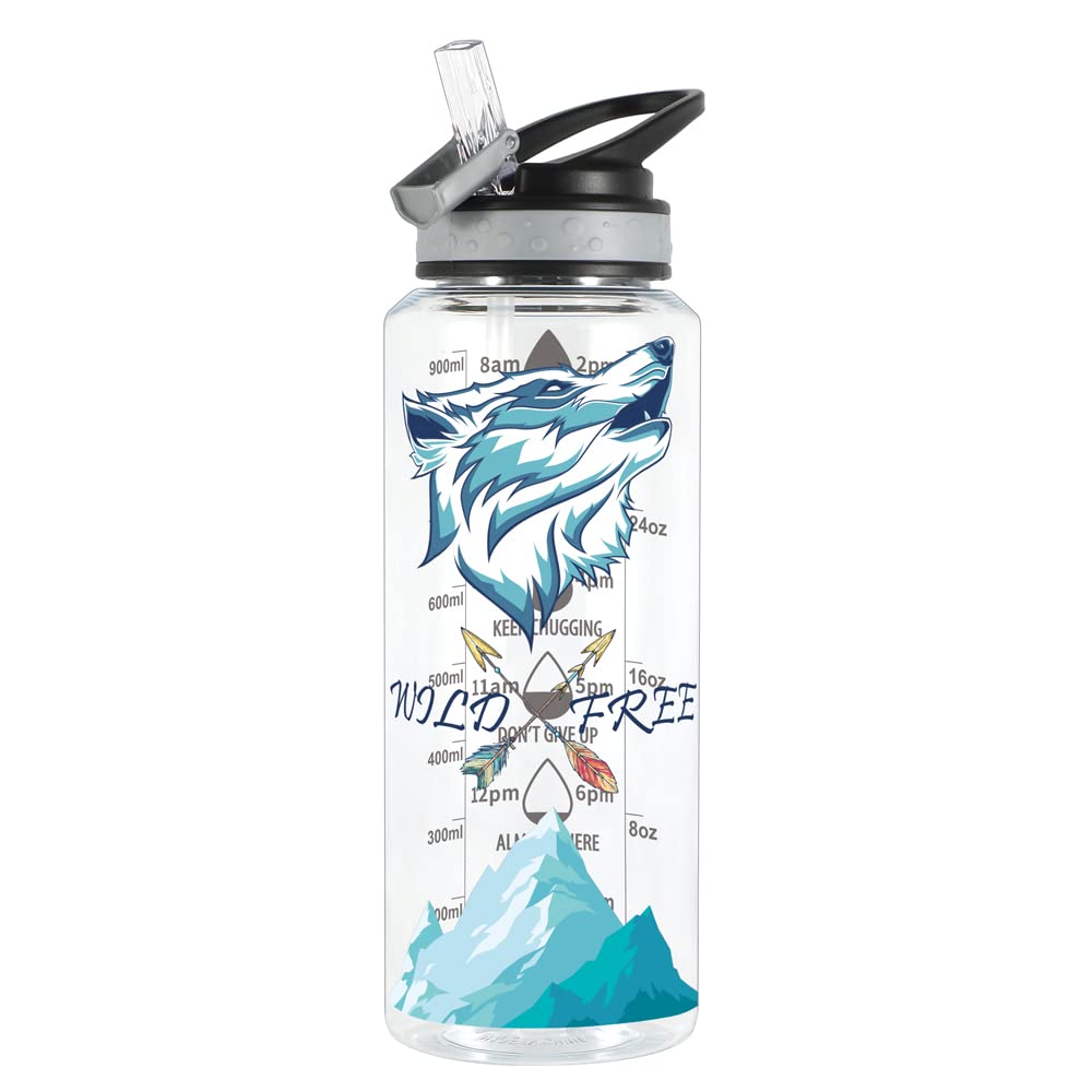Home Tune 32oz Water Drinking Bottle - Tritan BPA Free, Wide Mouth, Straw Flip Lid, Time Marker, Easy Open, Lightweight, Leak-Proof Water Bottle with Foil Print Design For Girls & Boys - Wolf