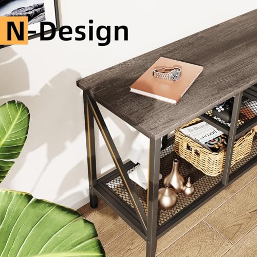 SKY-TOUCH Modern TV Stand: 3-Tier Open Storage Shelves, 140*40*43 CM, Grey Oak Wood
