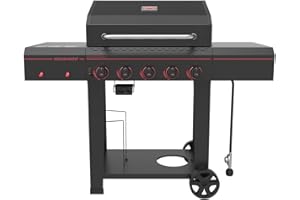 Megamaster 720-0982 5 Burner Propane Barbecue Gas Grill, Side Shelves with Hooks, for Outdoor Cooking, Patio, Garden Barbecue Grill, 50000 BTUs, Open Chart, Black