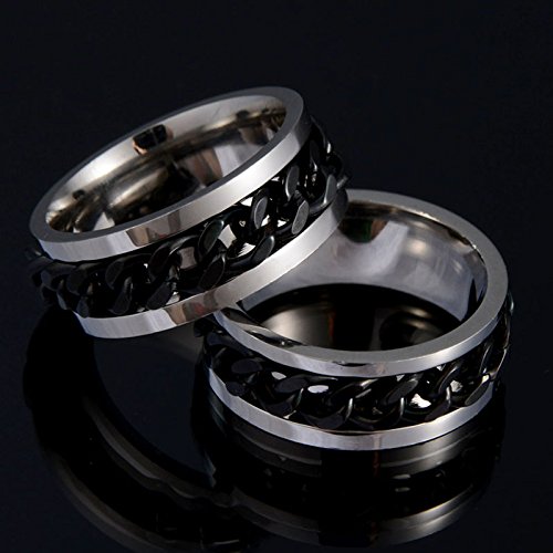 Men Titanium Steel Chain Rings Biker Grooved Edge 8mm Width Black Size 12 - Thumbnail 2