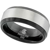 Sabrina Silver Tungsten Carbide 8 mm Flat Wedding Band Ring Blackened Satin Finish Beveled Edges sizes 7 to 14