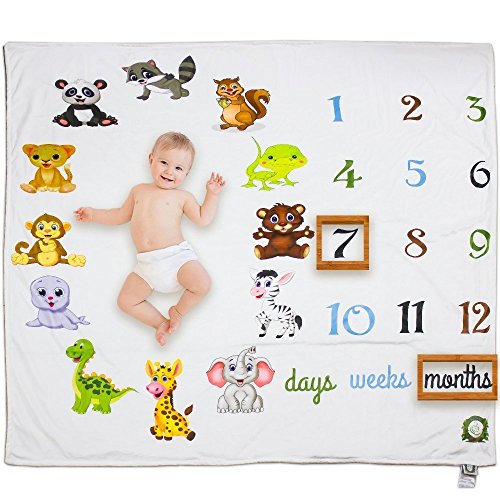 Spunky Sprouts Premium Double Layer Fleece Milestone Growth Blanket-Large 47"x 47" Size. Weeks & Months-Great Gift For Expecting Moms Photography Prop for Boys or Girls-Colorful Animals