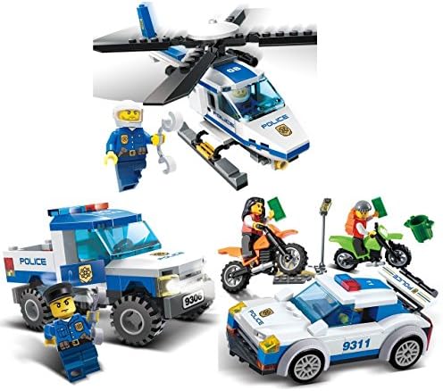GUDI Police High-Speed Chase Building Blocks Toys. 3 in 1 Bundle of Police Pick Up Truck, Police Helicopter, and Police Speed Car with 3 Police Officers and 2 Bandits on Motorbikes. 353 Pieces