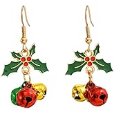 Christmas Green Holly Colorful Jingle Bell Dangle Hook Earrings for Women Leaf Tinkle Bells Cute Xmas Ornament Drop Dangling Huggie Hoop Earring Dainty Jewelry Gifts Holiday Festive Party