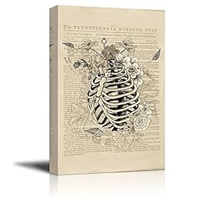 Canvas Wll Art - Skeleton with Flowers on Vintage Newspaper Background - Giclee Print and Stretched Ready to Hang - 12"x18"