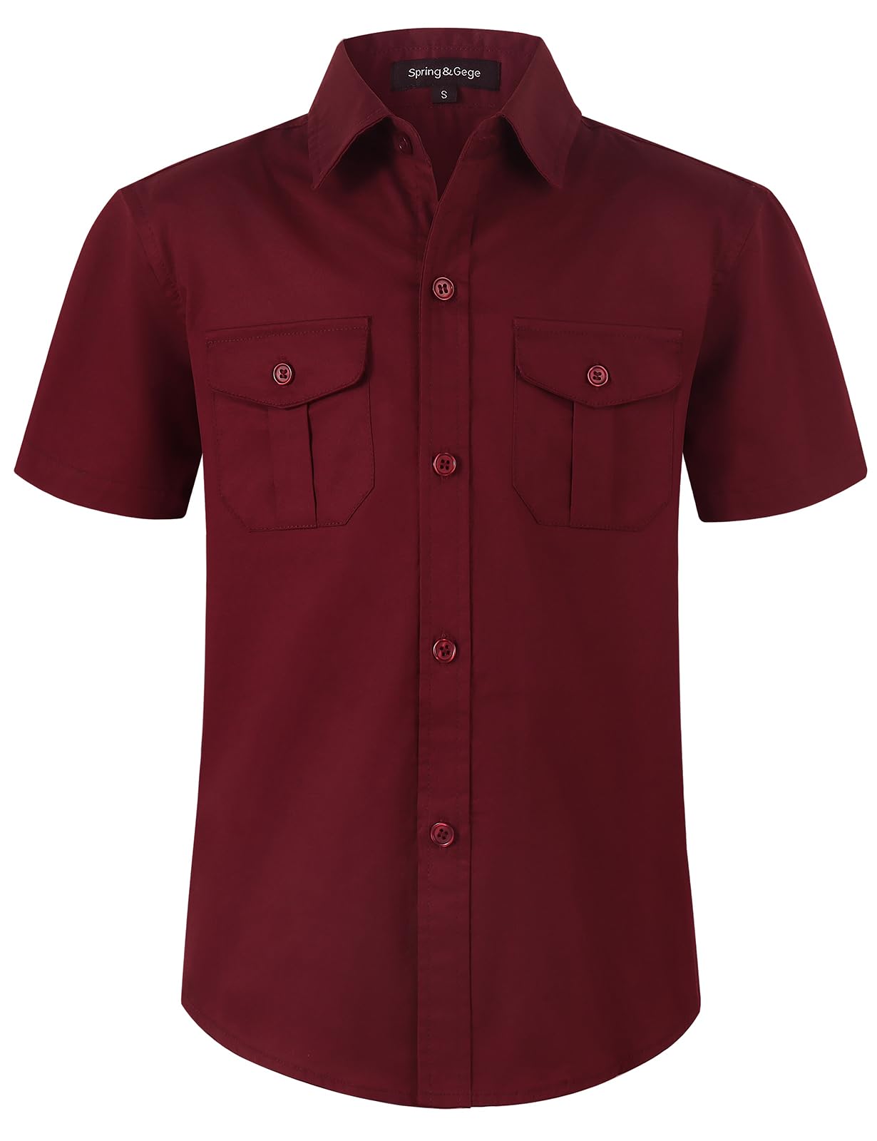 Photo 1 of Spring&Gege Boys' Solid Short Sleeve Western Shirts Woven Button Down Shirts for Kids with Two Pockets, Burgundy, Size 11-12 Years/ XL